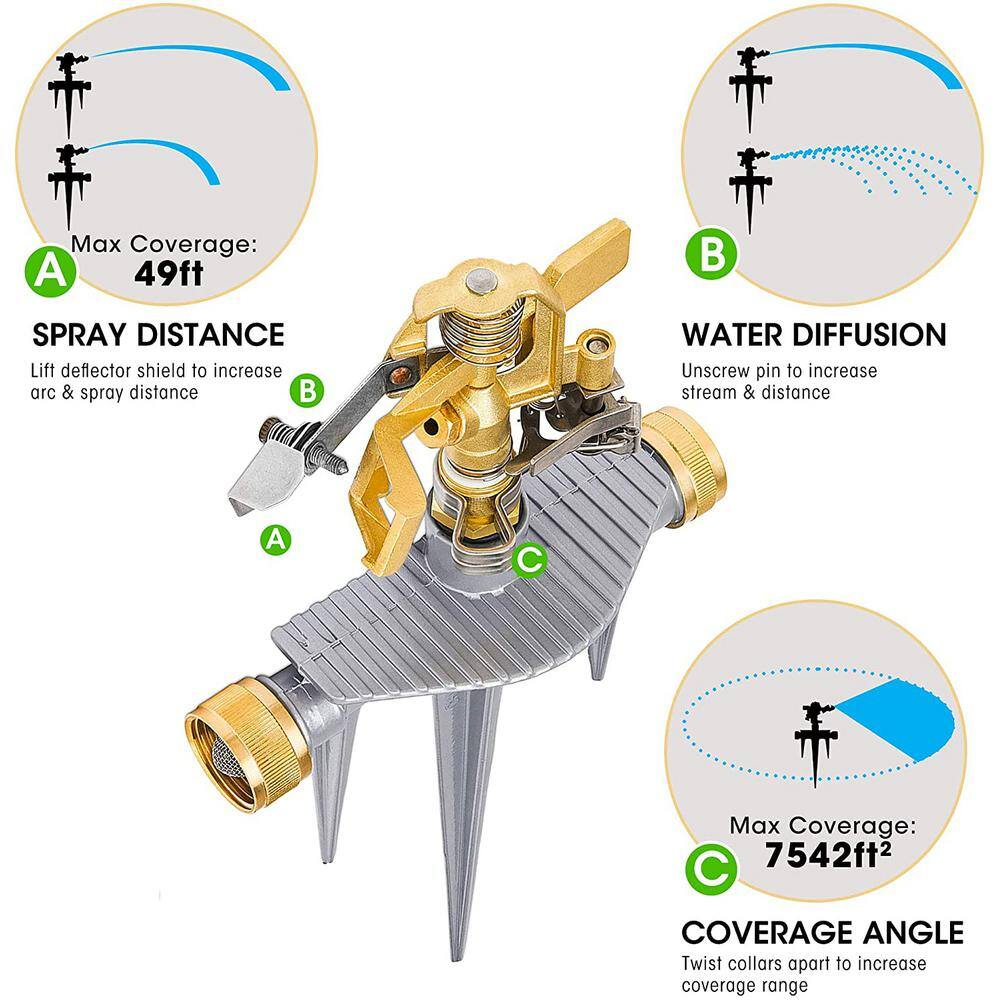 Morvat Brass Lawn Water Sprinkler All Brass Sprinkler Head Solid Aluminum Stake 2 Rubber Ring Connectors 360 Pattern MOR-BSPRINKLER-A