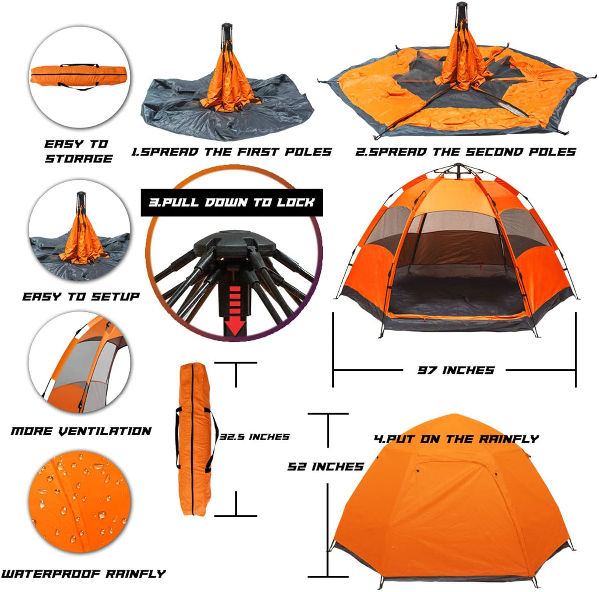 Glare Instant Pop Up Tent Family Camping Tent Portable Light Weight Tents Automatic Easy Setup Tent Waterproof Windproof Backpack Tents for Camping Hiking Outdoor Beach Tent