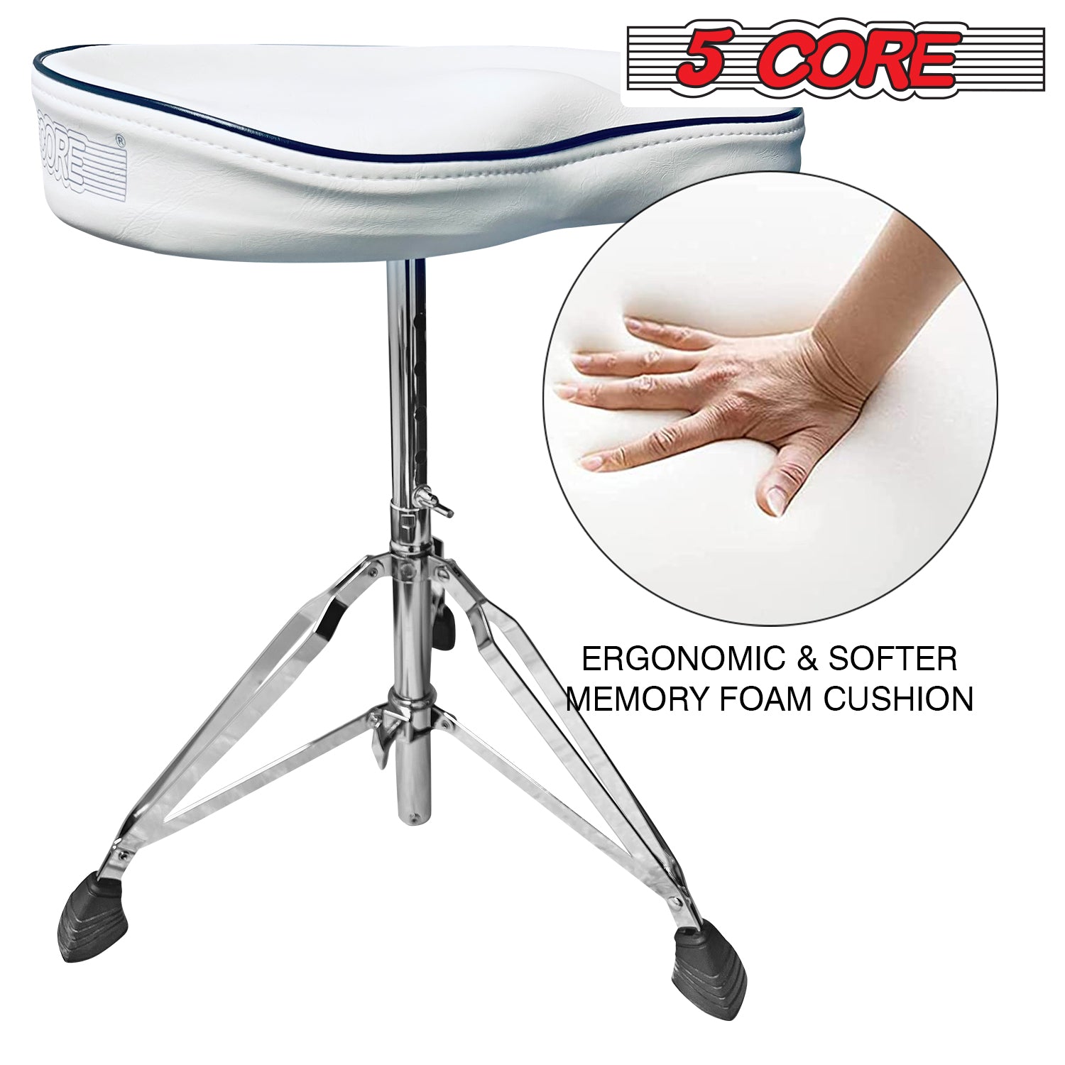 5 Core Drum Throne Saddle White| Height Adjustable Padded Comfortable Drum Seat with Two Drumsticks| Stools Chair Style with Double Braced Anti-Slip Feet, Comfortable Seat for Drummers, Guitar Players- DS CH WH SDL