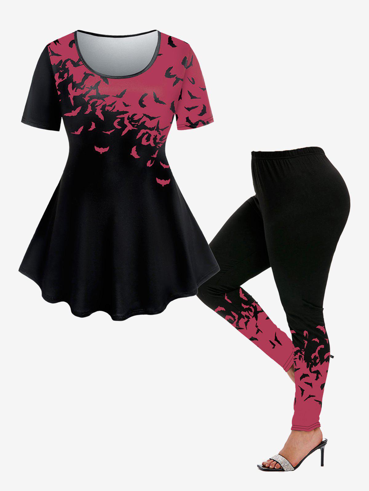 Bat Print Two Tone Tee and Leggings Plus Size Matching Set Outfit