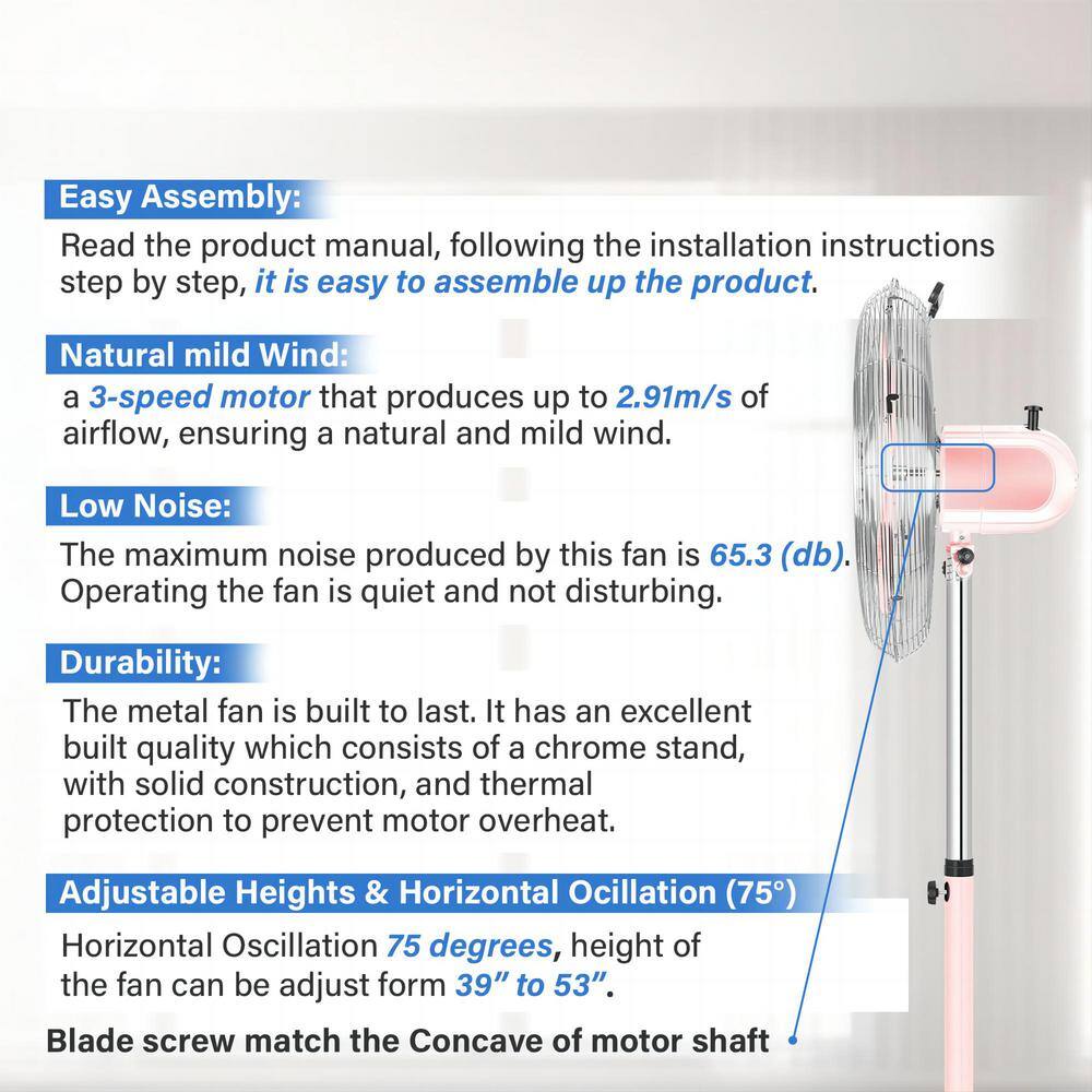 dubbin Premium Metal Pink Stand Fan with Adjustable Height 3 Speed Settings and Low Noise Operation FXFAN-7021