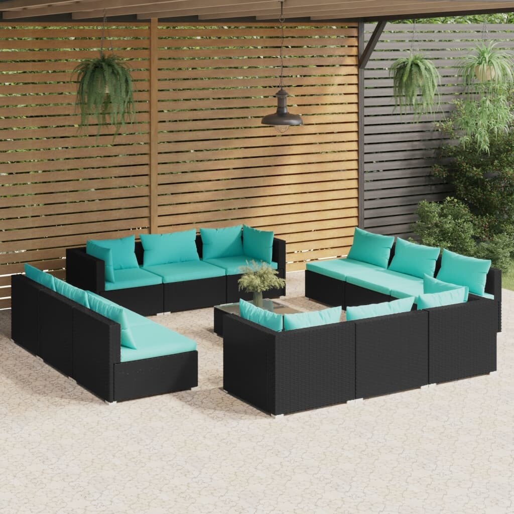 13 Piece Patio Lounge Set with Cushions Poly Rattan Black