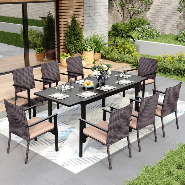 7/9piece Patio Dining Set，Expendable Rectangular Outdoor Dining Table with Rattan Chairs