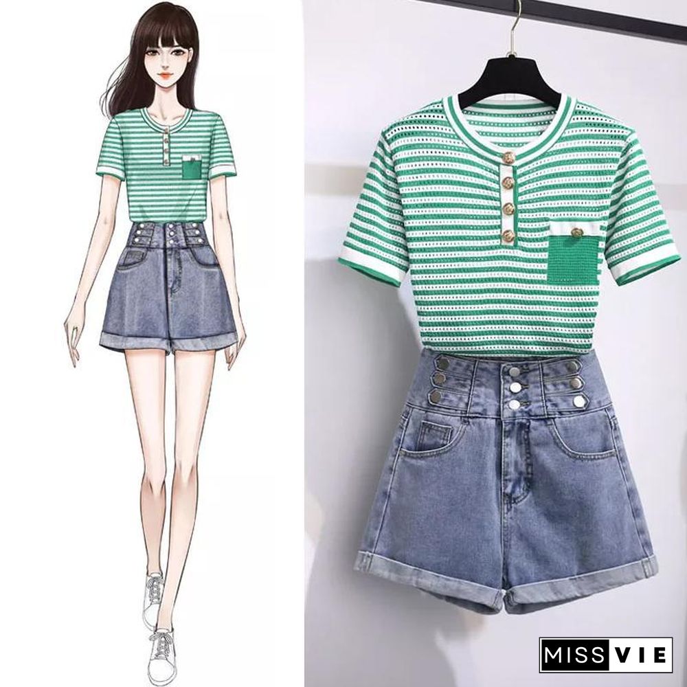 Stripe Knit Tee+Denim Shorts P15527