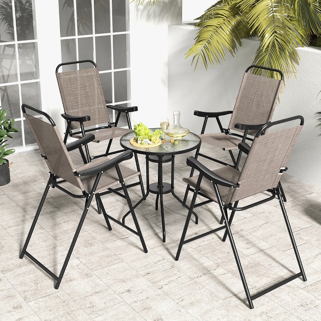 Tangkula 4 Pcs Patio Bar Chair Folding Bar Height Metal Frame W Footrest Garden Brown