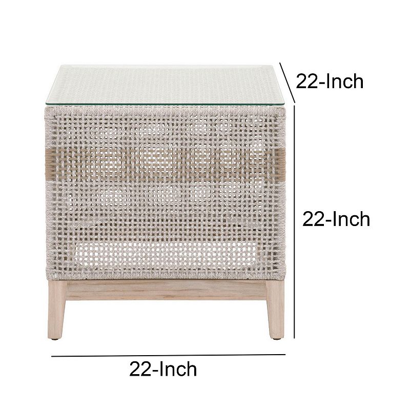 Glass Top End Table with Interwoven Rope Design Frame， Gray and Brown