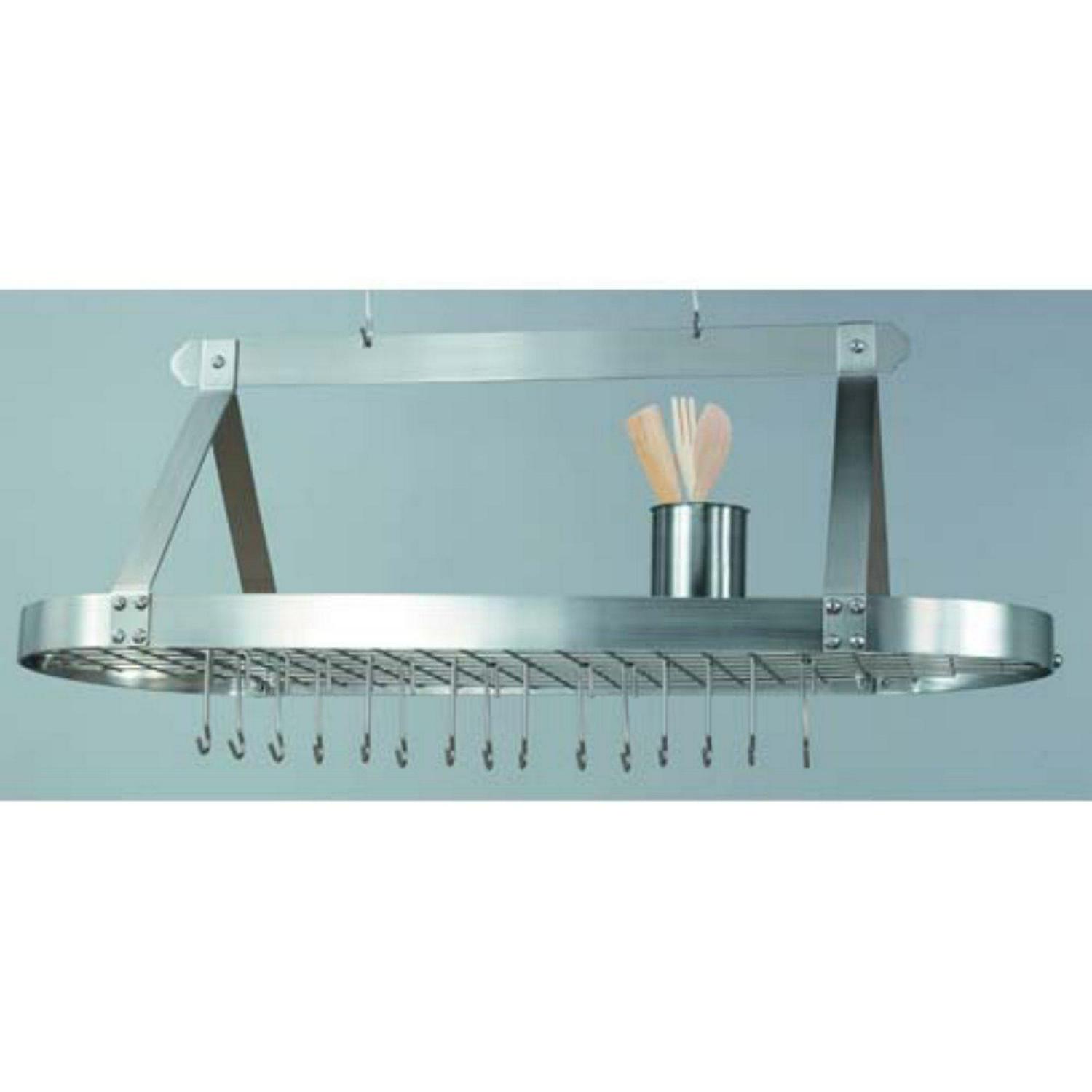 Satin Nickel Oval Hanging Pot Rack with Grid and 24 Hooks