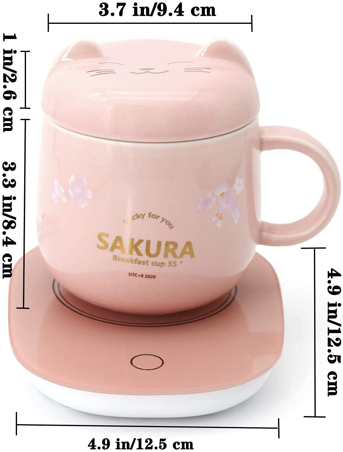 Pink Coffee Mug Warmer， Smart Coffee Cup Warmer for Desk Auto Shut Off with Gravity Temperature Control Function and Cat and Cherry Flower Pattern， Ideas Christmas Gifts