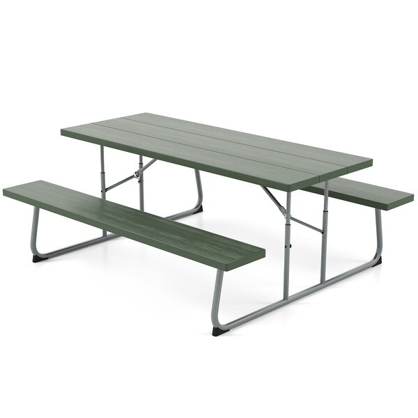 Folding Picnic Table Set with Metal Frame and AllWeather HDPE Tabletop，Umbrella Hole