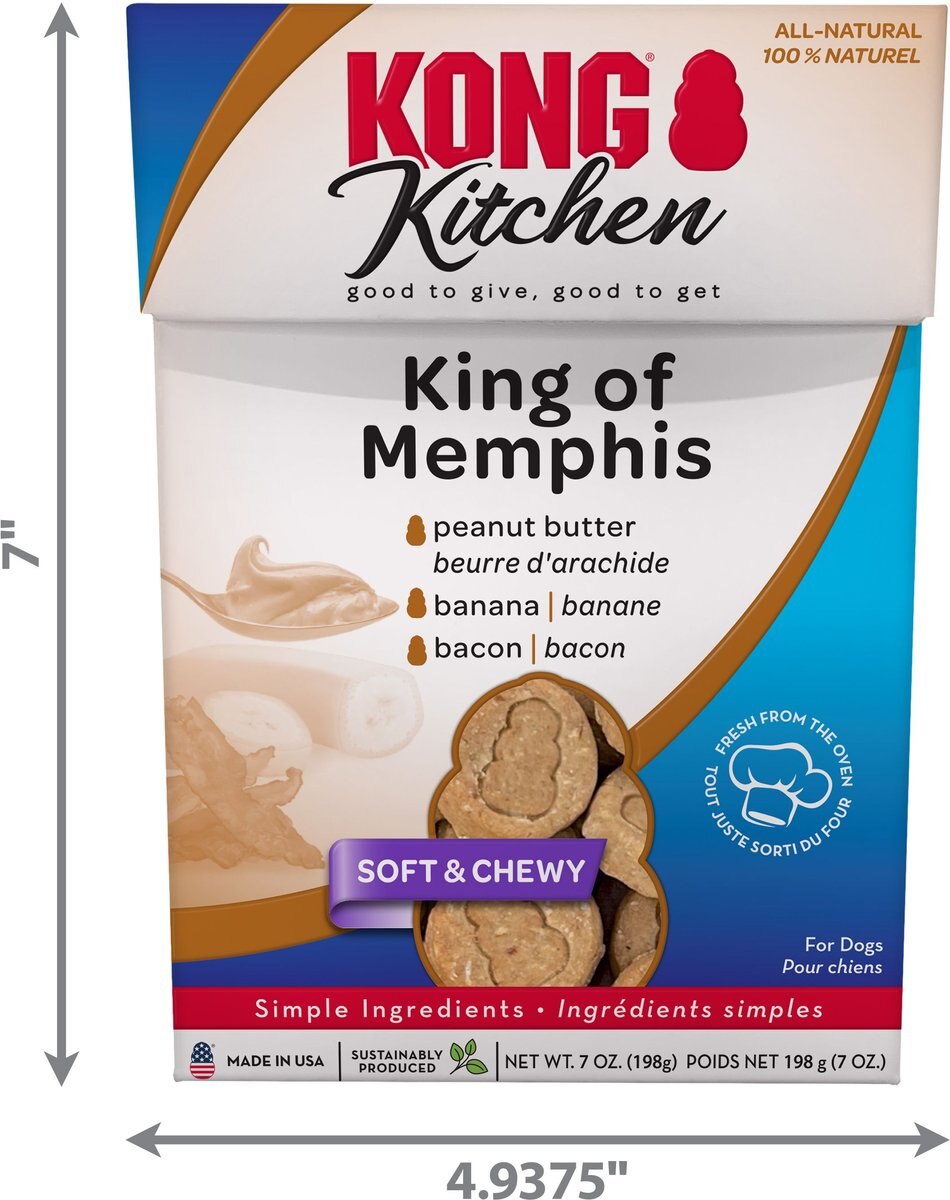 KONG Kitchen King of Memphis Grain-Free Bacon and Peanut Butter Chewy Dog Treats， 7-oz box