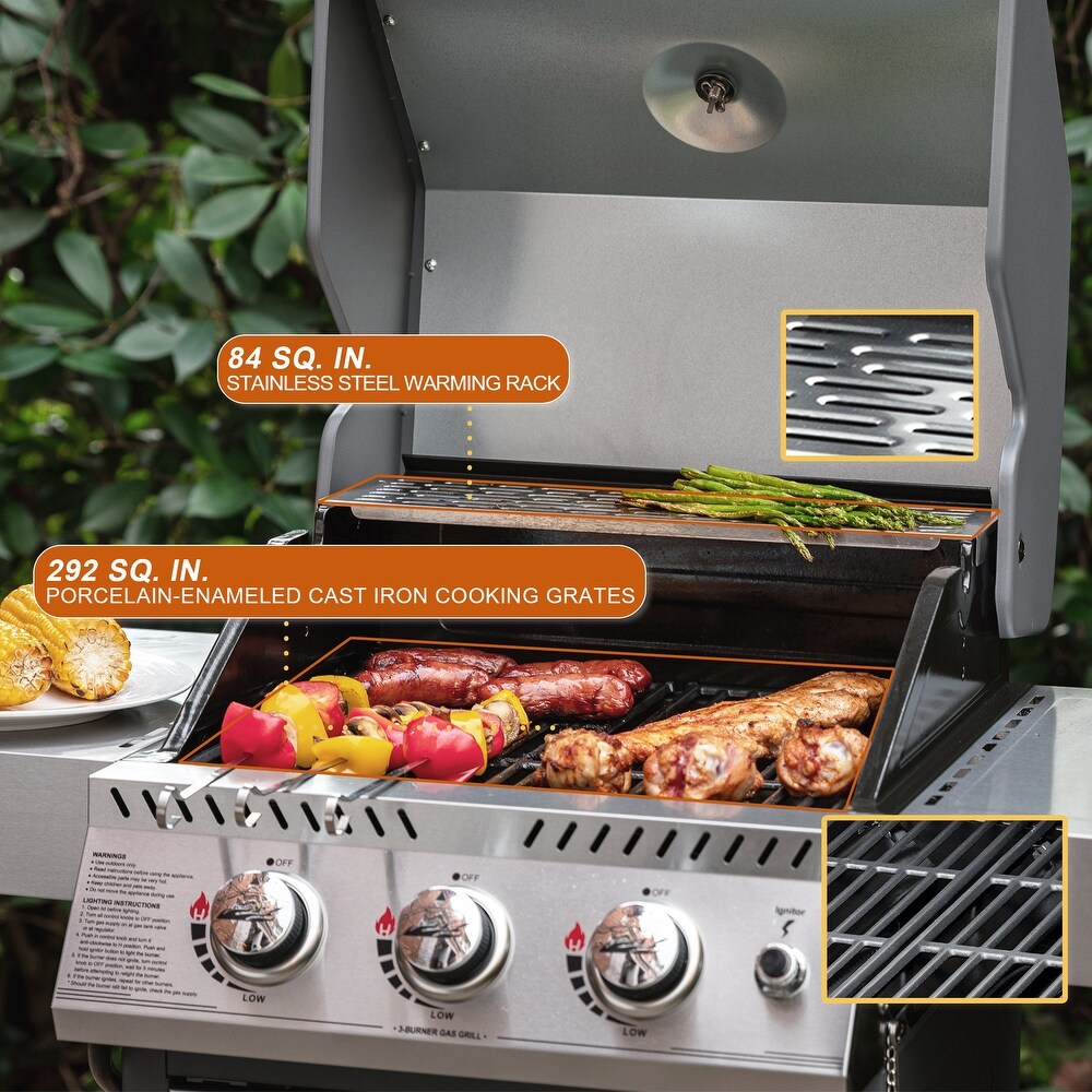 Royal Gourmet Stainless Steel 3 Burner Gas Grill with Side Tables  Silver