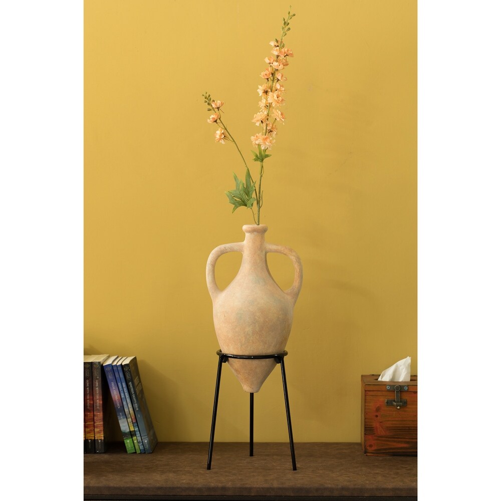 Antique Style Vase  Amphora  Decorative Large Tall Vase  Unique Vase on Slim Black Metal Tripod Stand  21 Inch Tall Beige Vase