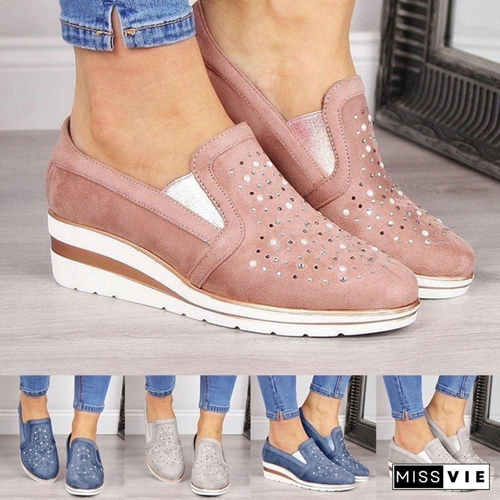 Women Casual Thick Sole Single Shoes Rhinestones Sandals Breathable Wedge Shoes