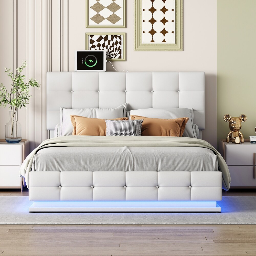 Modern Upholstered Storage Bed with LED Lights and USB charger