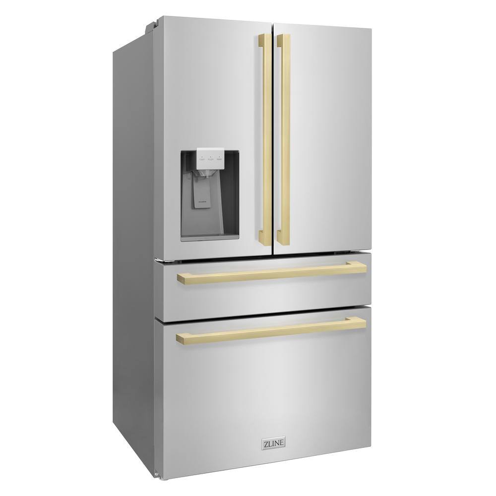 ZLINE Kitchen and Bath Autograph Edition 36 in. 4-Door French Door Refrigerator with Square Champagne Bronze Handles in Stainless Steel RFMZ-W-36-FCB