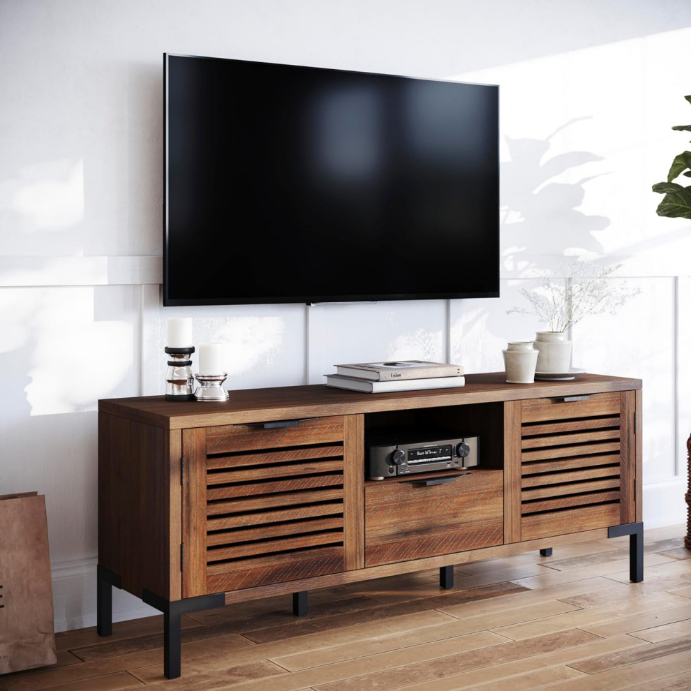 Rustic TV Stand  Louvered Cabinet Doors  ampDrawer With Metal Handles   Rustic   Entertainment Centers And Tv Stands   by Decor Love  Houzz