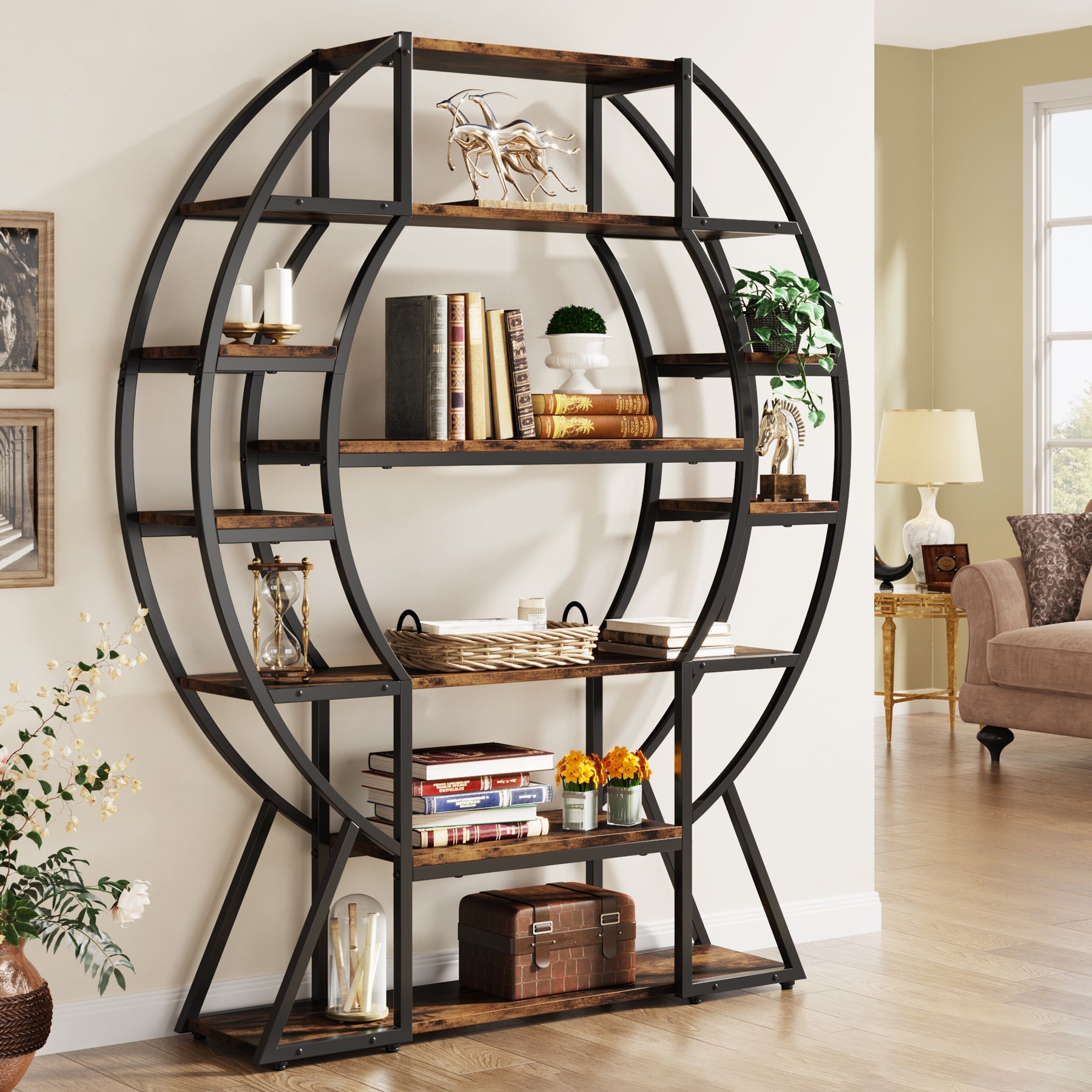 6-Tier Bookshelf, 69 Large Oval Triple Wide Bookcase with Metal Frame