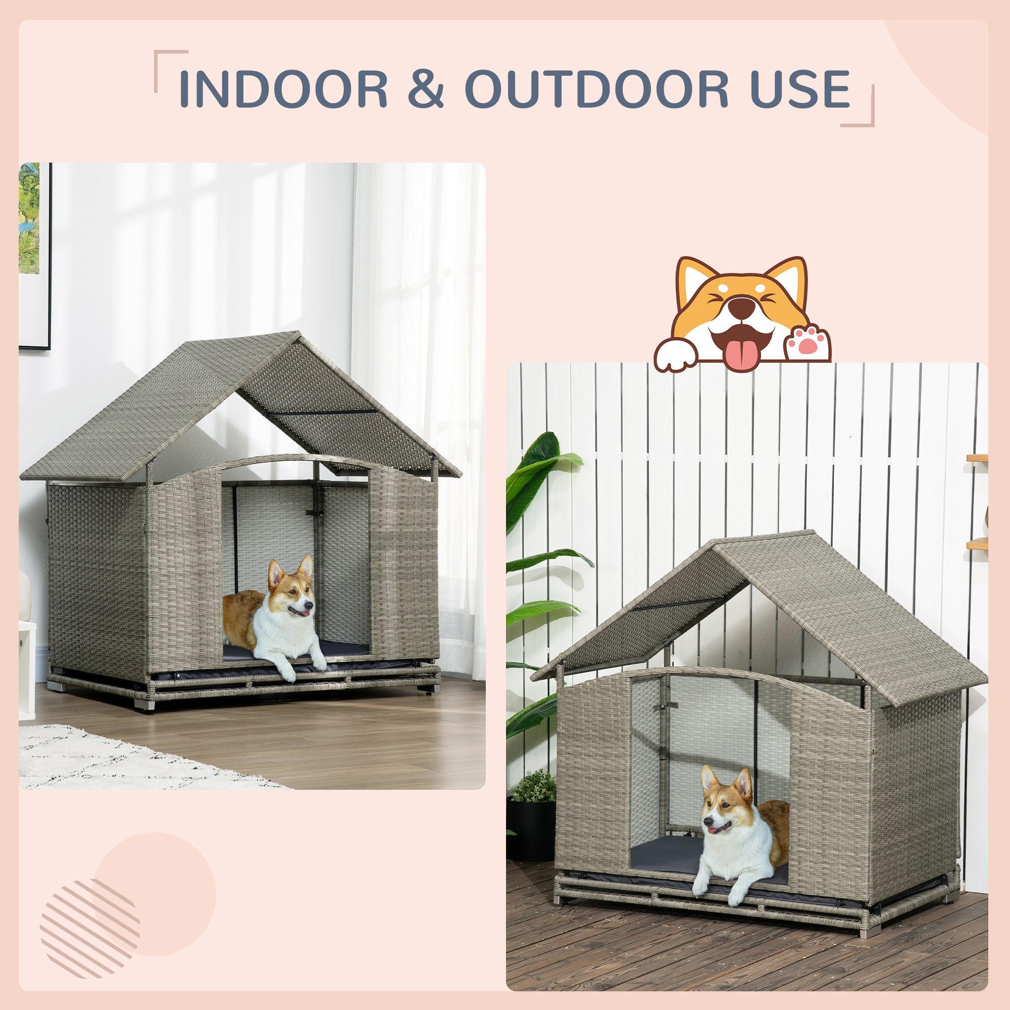 PawHut Wicker Dog House w/ Shade Canopy Soft Cushion for Small Medium Dogs