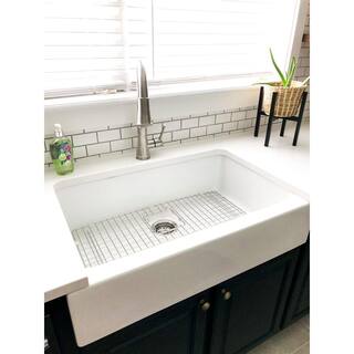 SINKOLOGY Josephine 34 in. 4-Hole Quick-Fit Drop-In Farmhouse Single Bowl Crisp White Fireclay Kitchen Sink SK450-34FC-4R