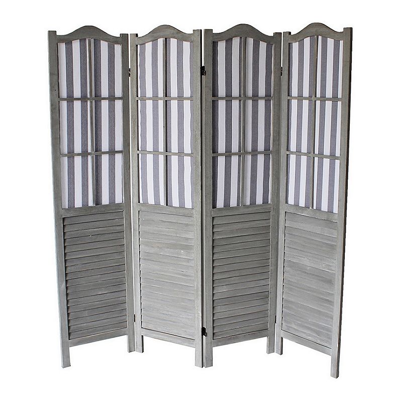 4 Panel Arc Shutter Style Room Divider with Slat Panelling， Gray