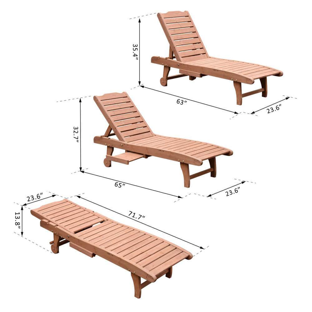 Outsunny Reclining Wooden Outdoor Chaise Lounge Patio Pool Chair With PullOut Tray