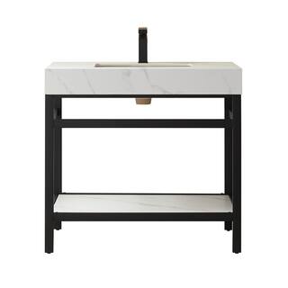 ROSWELL Funes 36 in. W x 22 in. D x 33.9 in. H Single Sink Bath Vanity in Matt Black Metal Stand with White Sintered Stone Top 802536-TB-SMBN