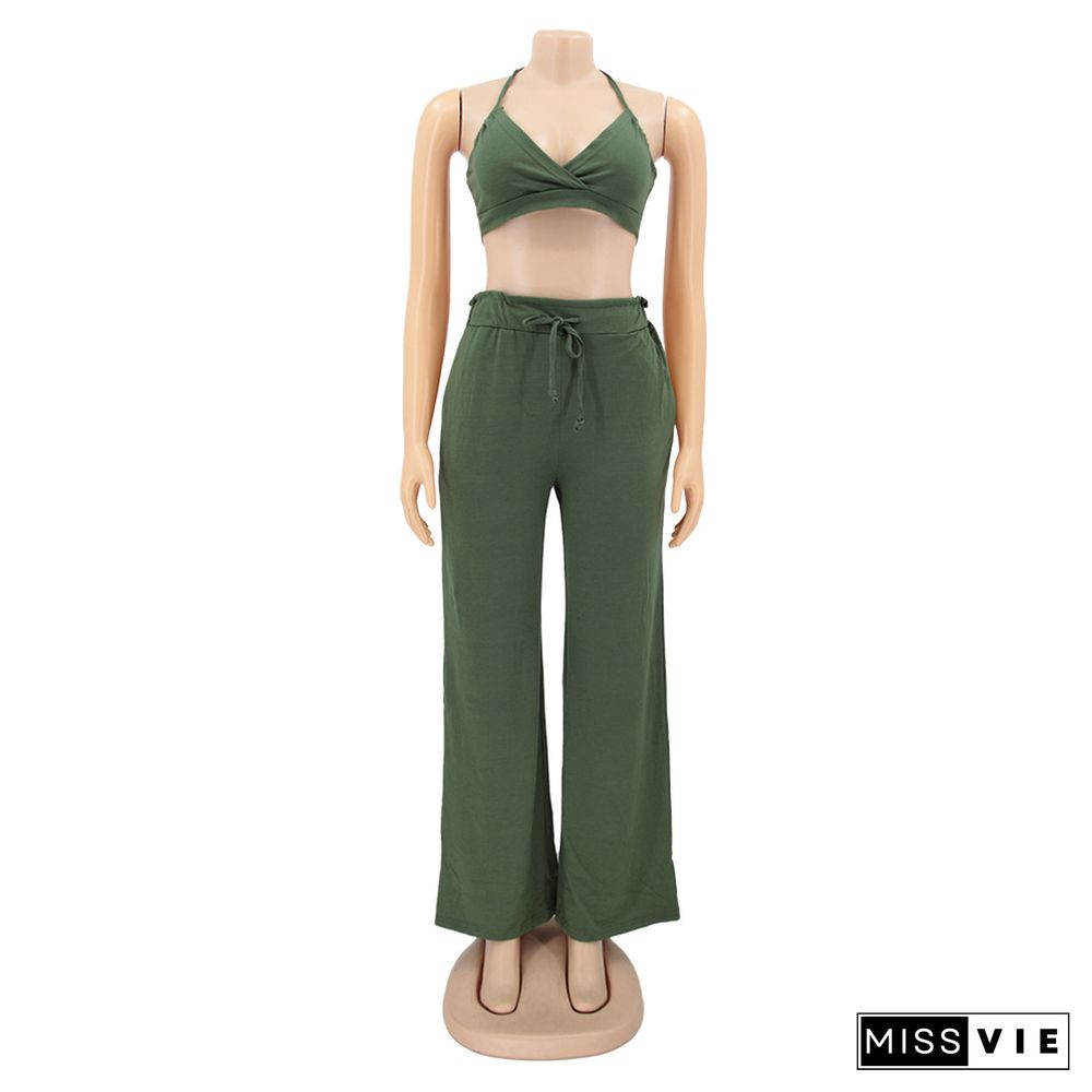 Lace Up Halter Bra Crop Top+Wide Leg Pant Suits