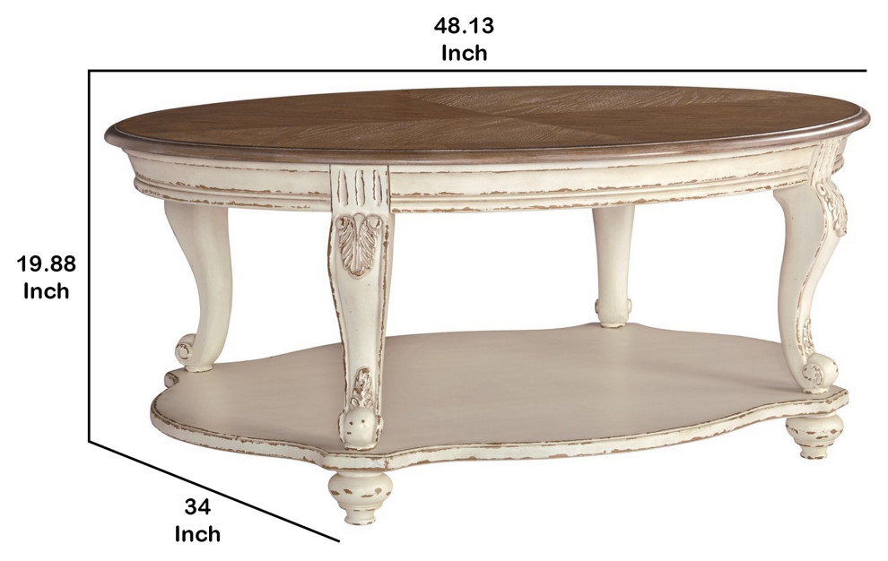 Benzara BM227591 Two Tone Oval Cocktail Table  Bottom Shelf  Antique White/Brown   French Country   Coffee Tables   by Uber Bazaar  Houzz