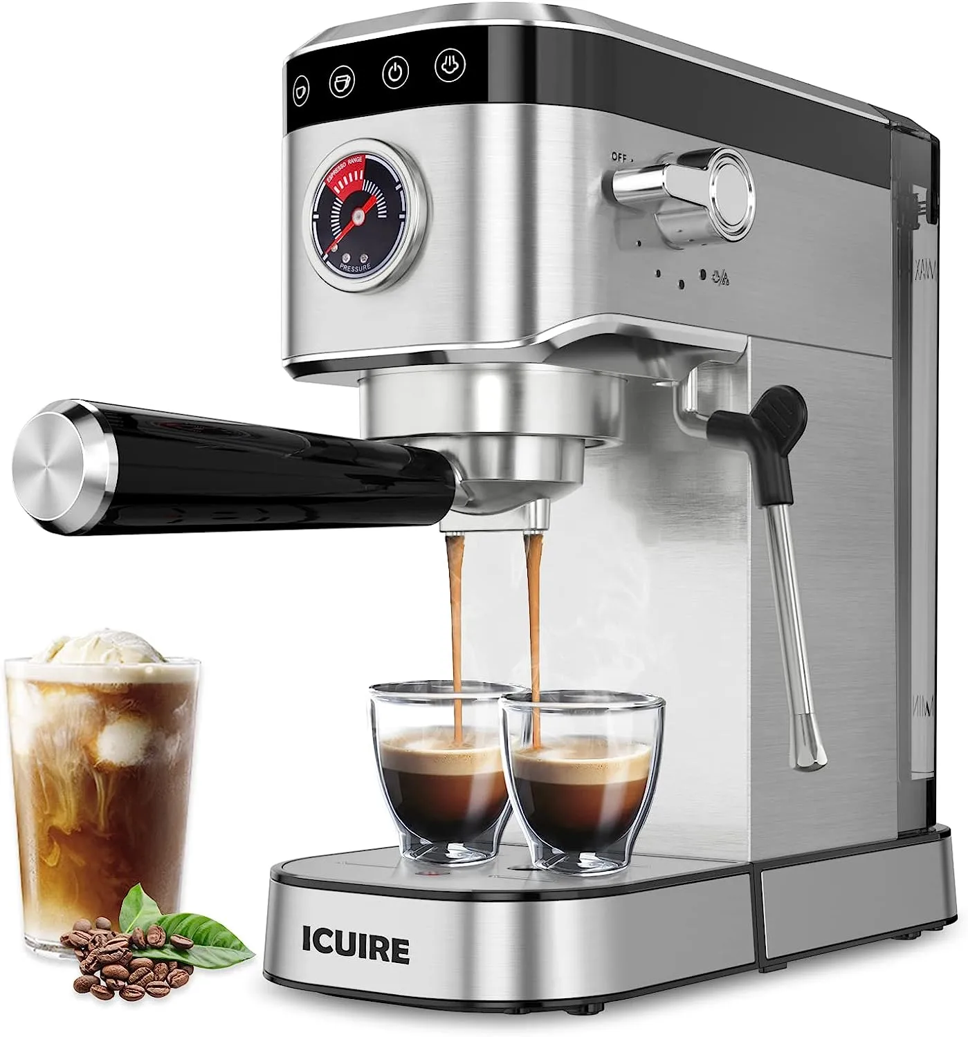 ICUIRE Espresso Machine, 20 Bar Compact Steam Espresso Coffee Machine with Milk Frother, Digital Touch Panel, 37 Oz Removable Water Tank for Espresso Make