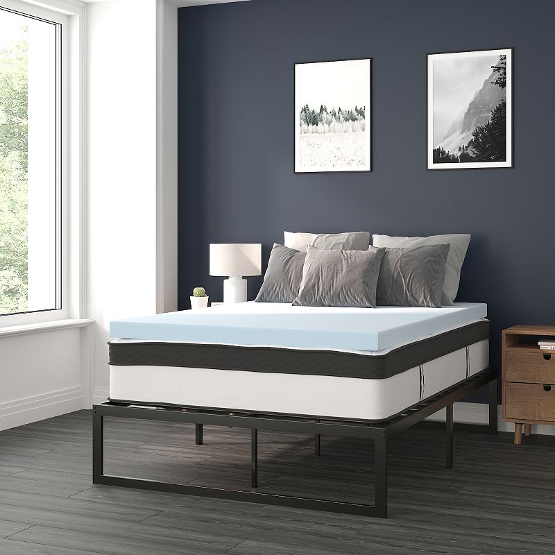 Flash Furniture 14 Metal Platform Bed Frame with 12 Pocket Spring Mattress in a Box and 3 Cool Gel Memory Foam Topper