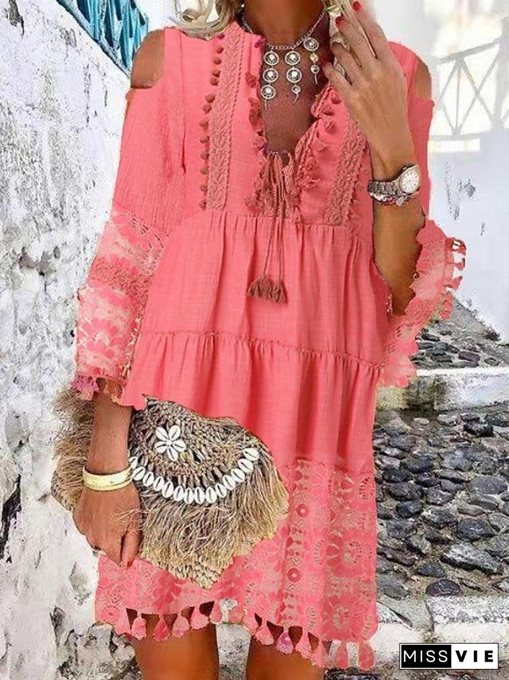 Women's Shift Dress Short Mini Dress - 3/4 Length Sleeve Tassel Fringe Lace Cold Shoulder Summer Hot Casual Boho vacation dresses White Blue Yellow Beige Light Blue S M L XL XXL 3XL-0208808