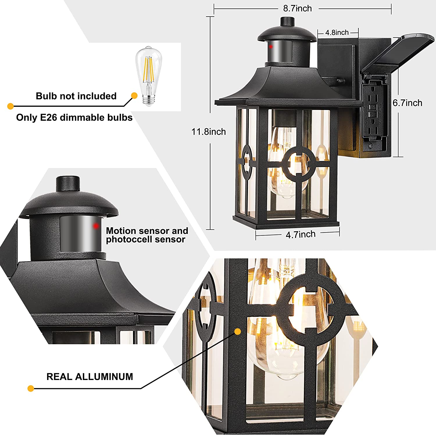 Outdoor Motion Sensor Porch Light with 2 GFCI Outlets， Dusk to Dawn Wall Light with 3 Lighting Modes for House， Waterproof AluminumandAnti-Rust Exterior Light Fixture for Balcony/Garage