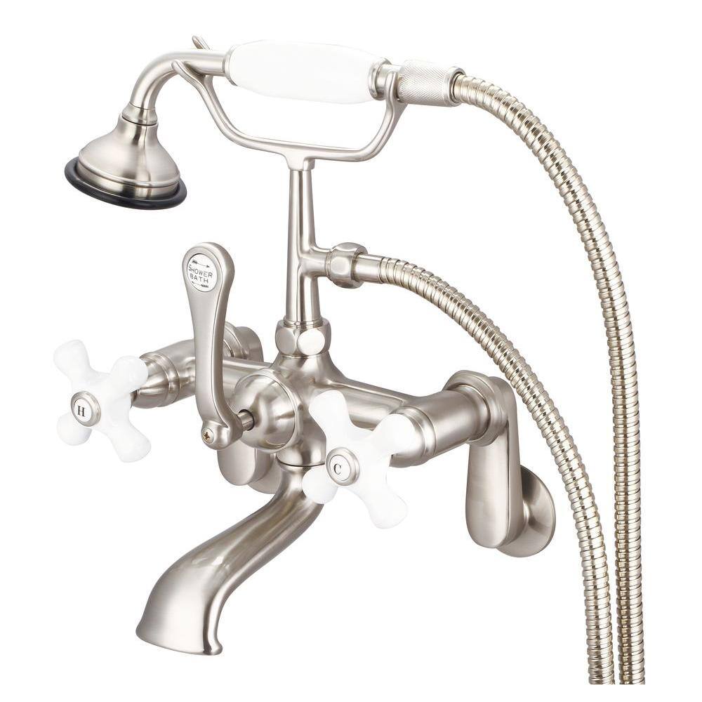 Water Creation 3-Handle Vintage Claw Foot Tub Faucet with Porcelain Cross Handles and Handshower in Brushed Nickel F6-0009-02-PX