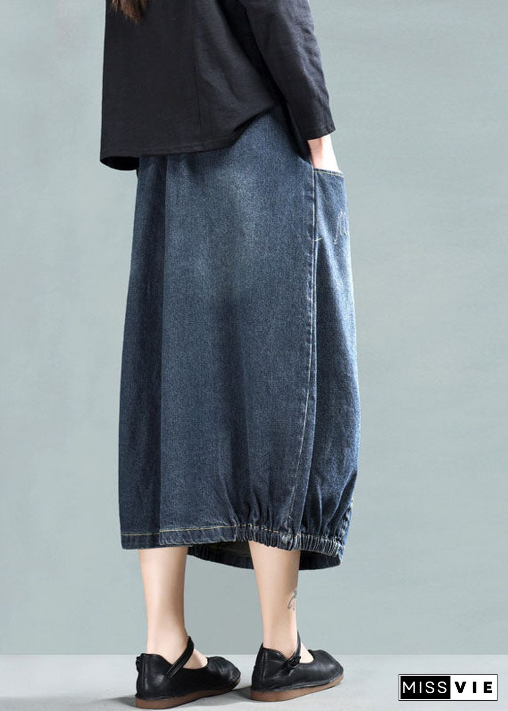 Dark Blue Patchwork Denim A Line Skirt Wrinkled Spring