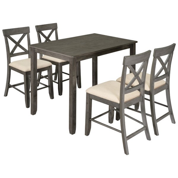 Wood 5Pcs Counter Height Dining Table Set w/ 4 Upholstered Chairs