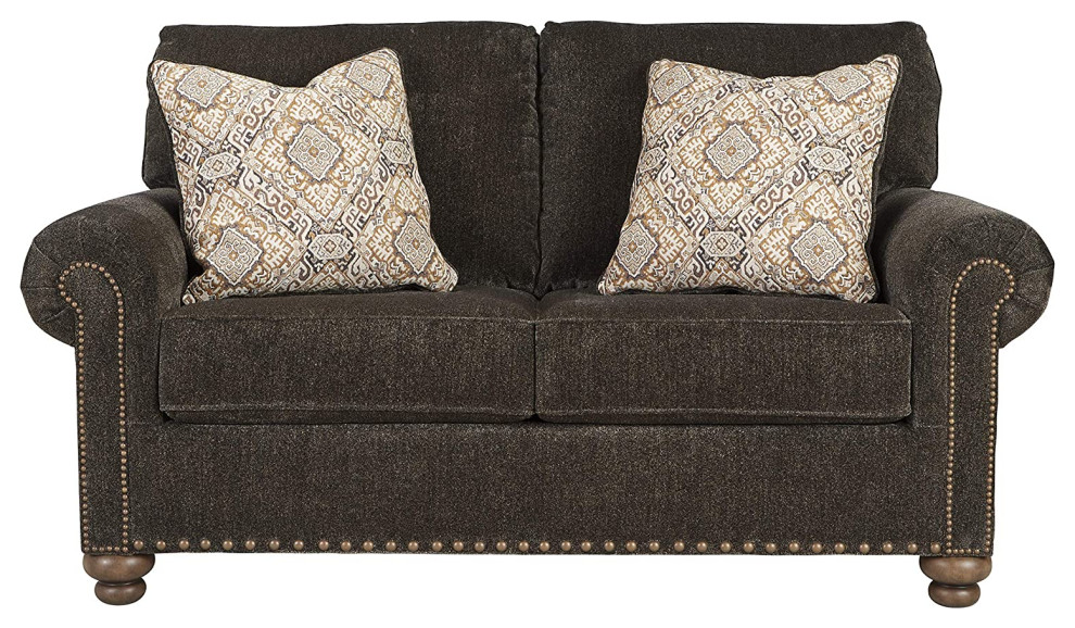 Traditional Loveseat  Bun Feet  ampRolled Armrests With Nailhead Trim  Dark Brown   Contemporary   Loveseats   by Decor Love  Houzz