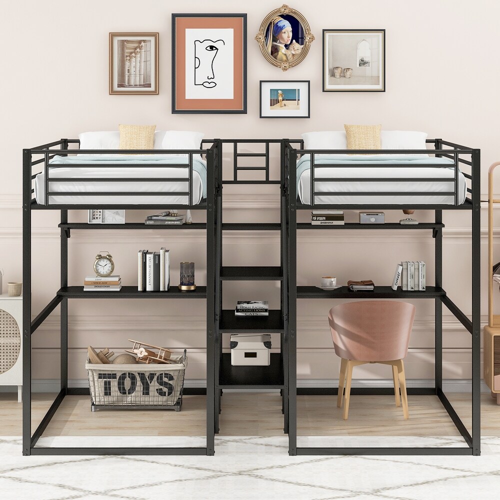 Black Metal Double Twin over Twin Bunk Bed with Two Desks  Shelves  and Storage Staircase  Space Saving  Large Storage