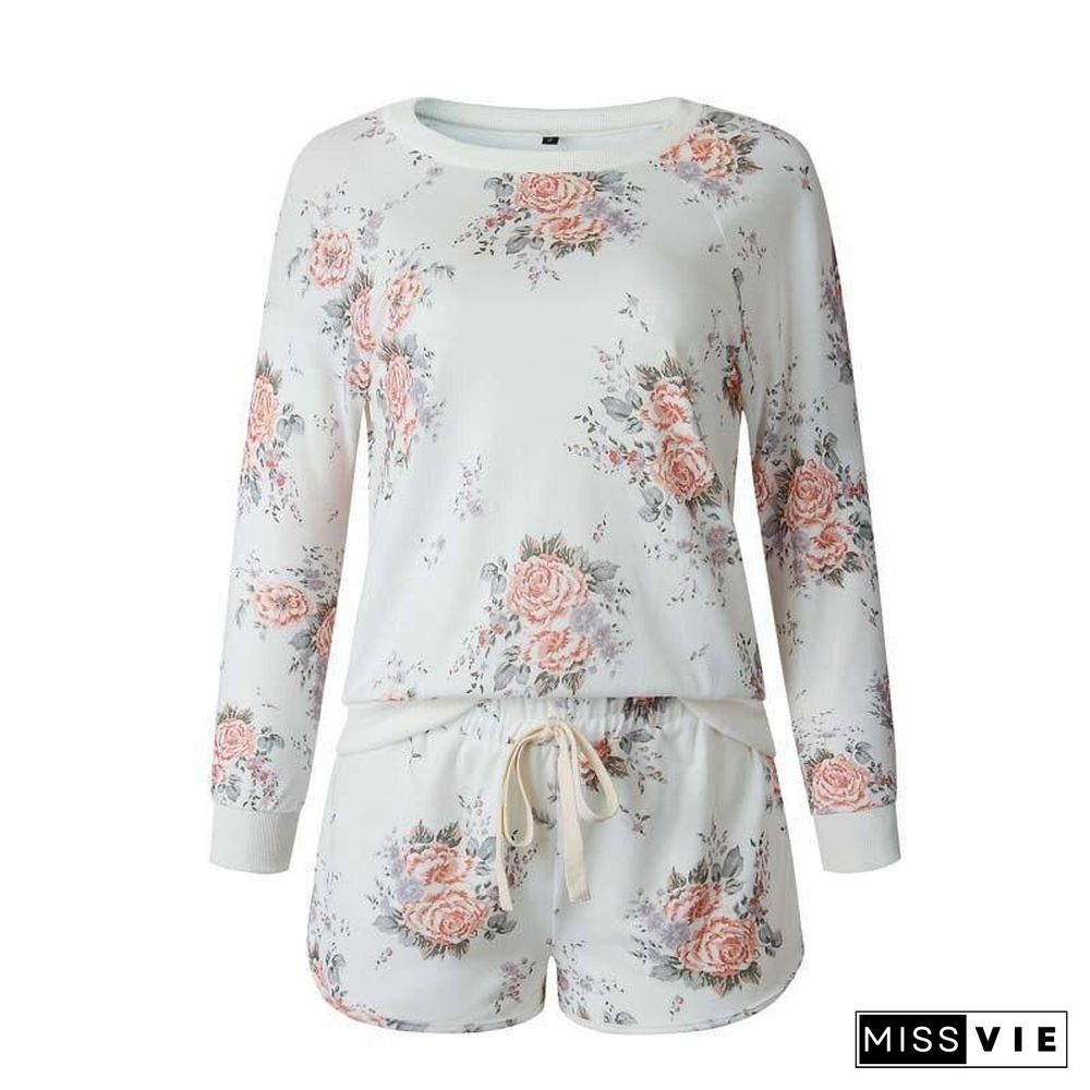 Flower Print Sweat Suits Women Two Piece Set Home Ladies Tracksuits Long Sleeve Top and Pant Mini Shorts Sexy Set Sweatsuit