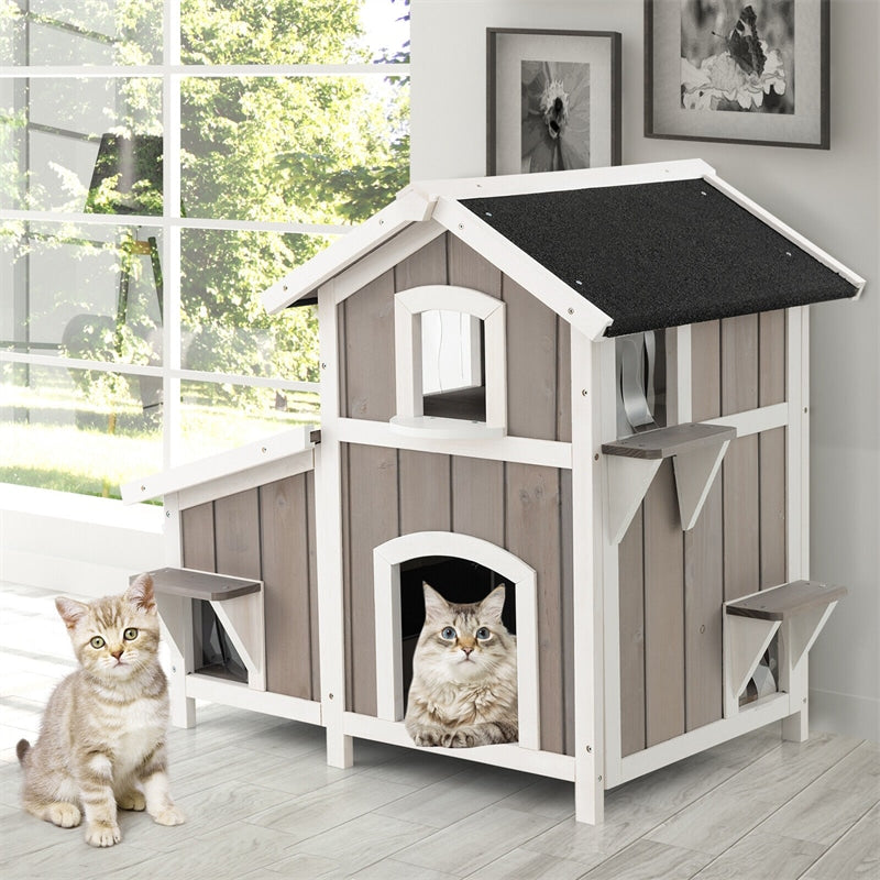 2-Story Outdoor Feral Cat House Weatherproof Wooden Kitty Shelter Pet House Habitat with Escape Door Removable Floor PVC Curtains Flower Box