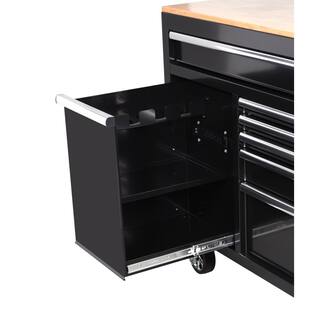 Husky 62 in. W x 20 in. D 12-Drawer Gloss Black Mobile Workbench Cabinet with Solid Wood Top and Power Drawer H62MWC12BLK