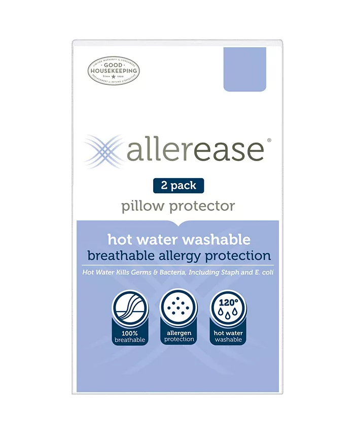 AllerEase Hot Water Washable Zippered 2-Pack Pillow Protector， Standard Queen