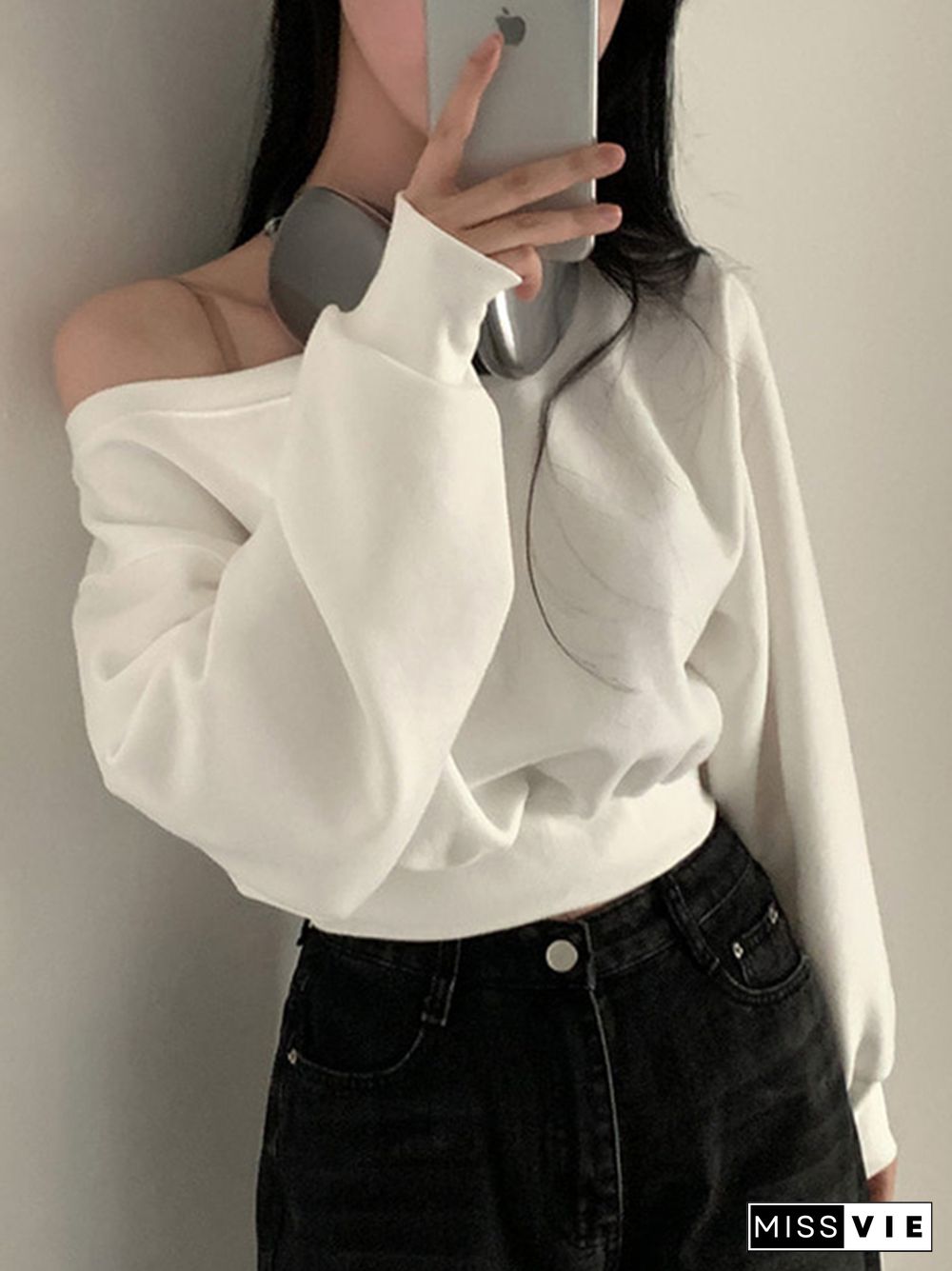 Solid One Shoulder Short Sweatshirt