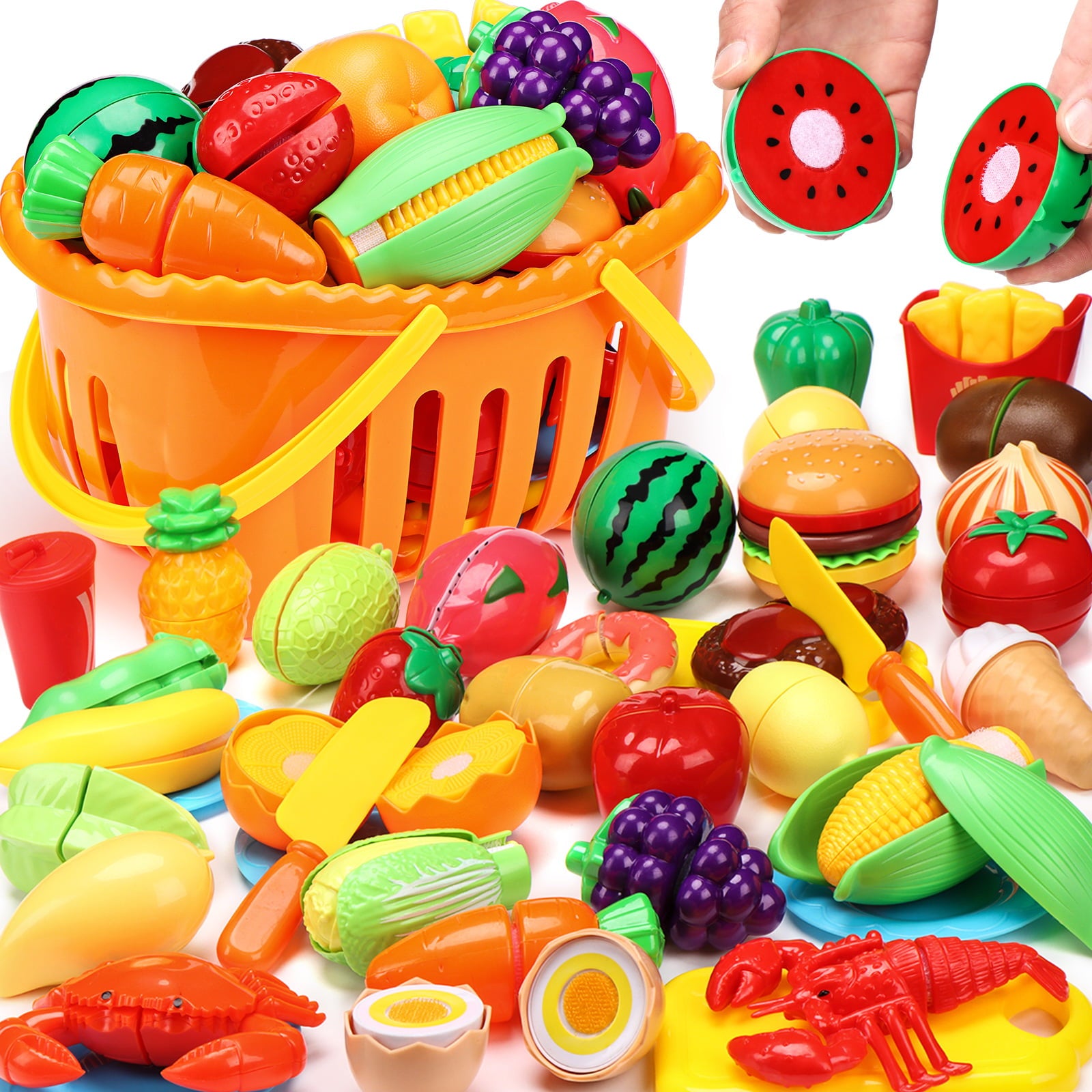 88pcs Cutting Play Food Sets for Kids, Pretend Play Kitchen Toys Accessories Educational Toy Food with Storage Basket