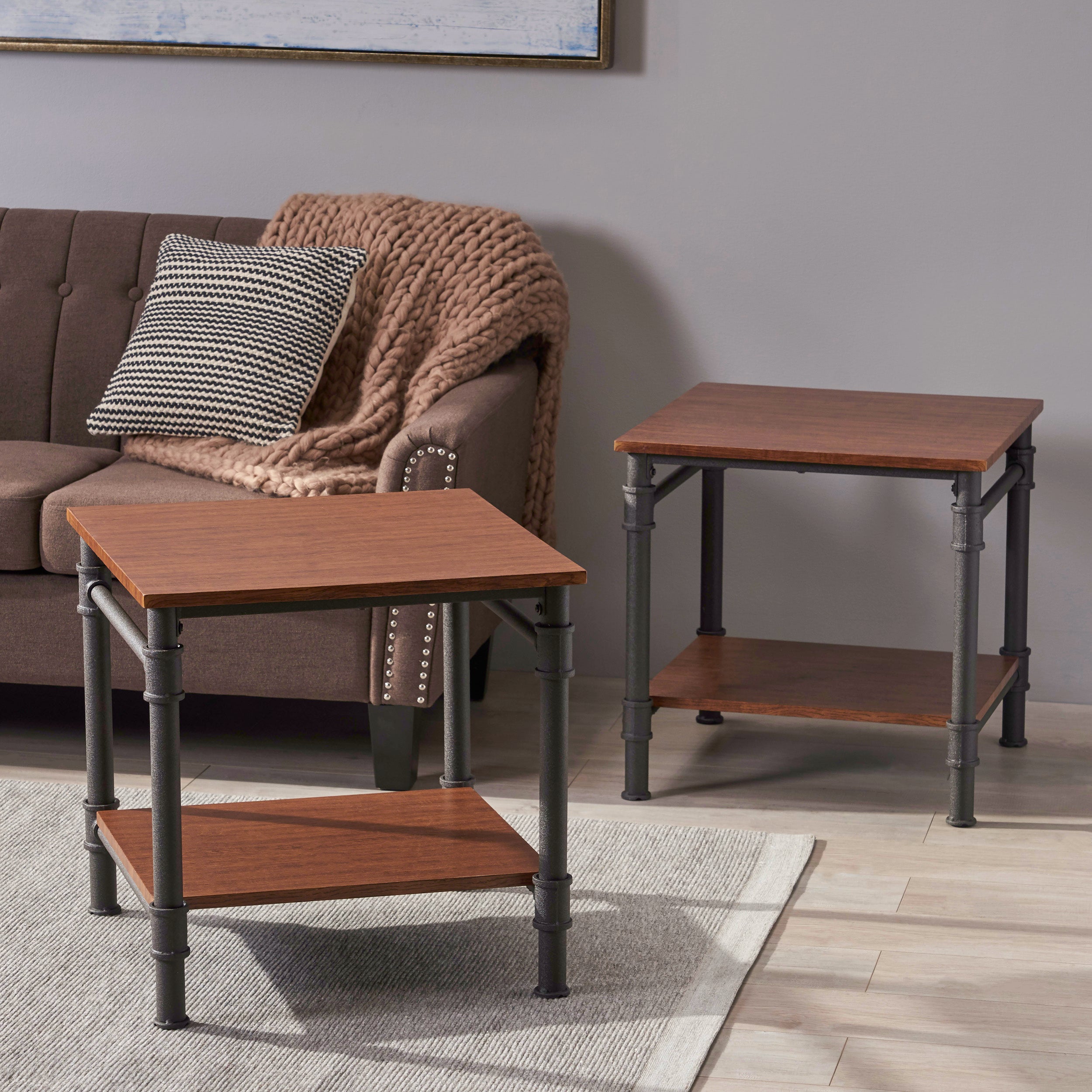 Mila Industrial Faux Wood End Tables (Set of 2), Teak