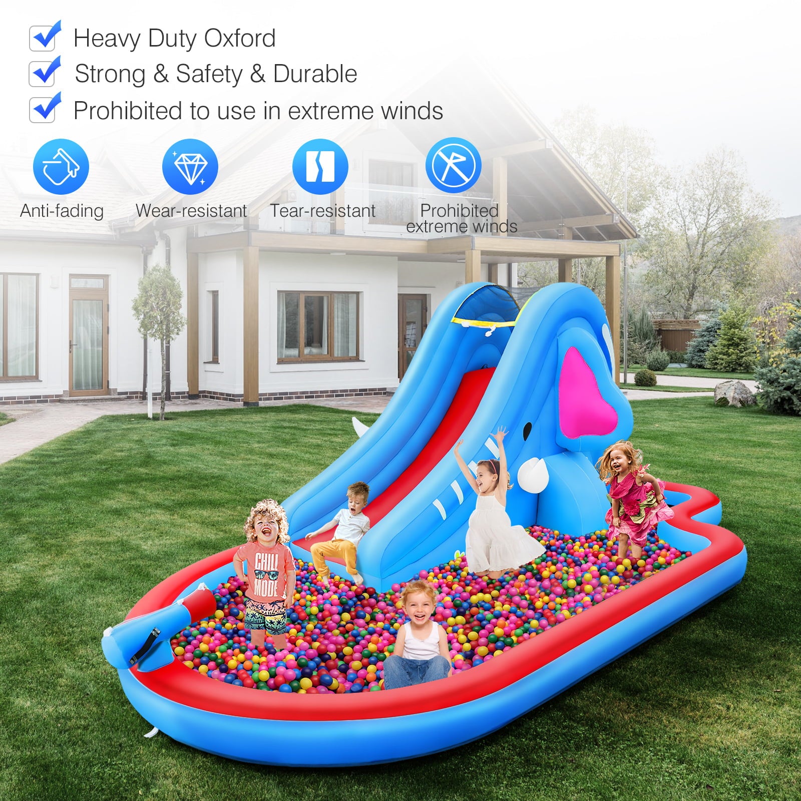 Inflatable pool water slides kids outdoor Inflatable bouncers House w/long slide Climbing Wall & Large Splash Pool, Water Cannons & Hose, Elephant Themed Inflatable Water Park (with 550w Blower)