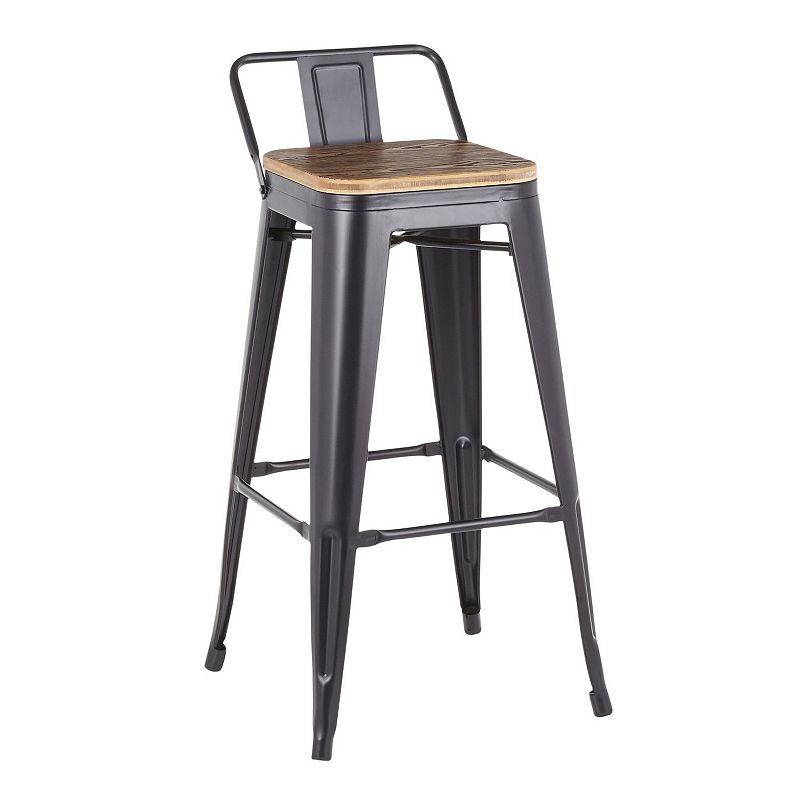 Set of 2 Oregon Industrial Black Metal and Wood-Pressed Grain Low Back Barstools 35