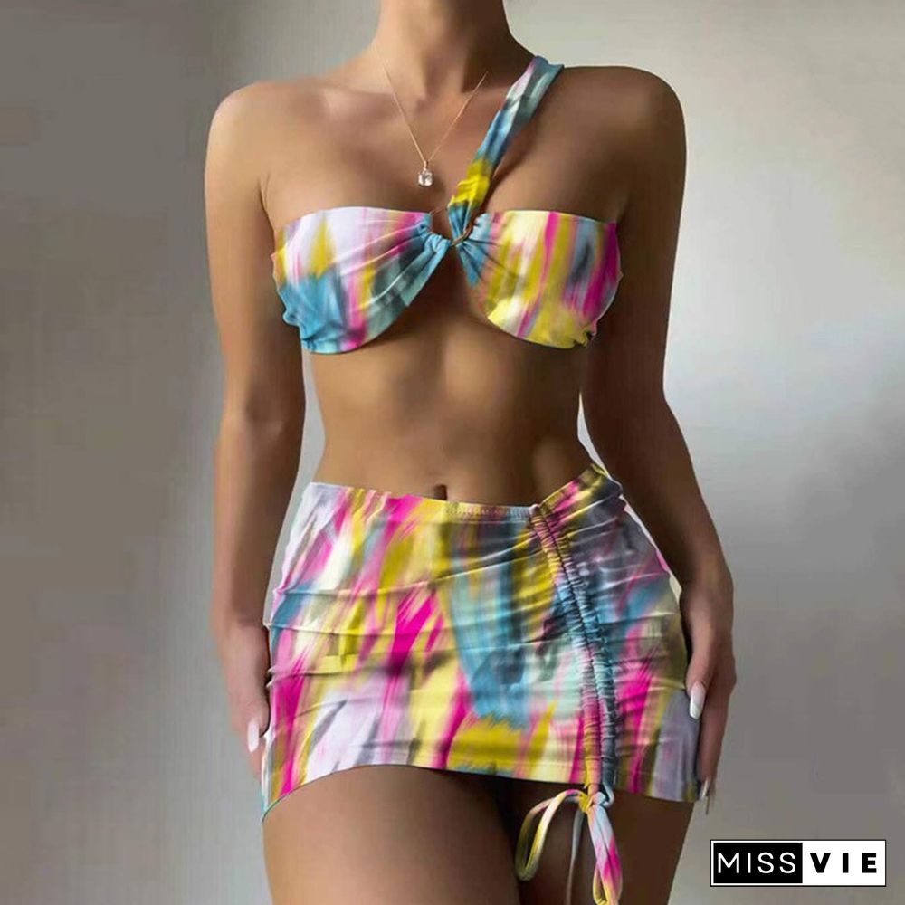 New Fashion Vacation Beachwear Sets One Shoulder Hollow Out Bikini+Drawstring Hip Wrap Skirts Suit Sexy Tie Dye 3pc Swimwear Set