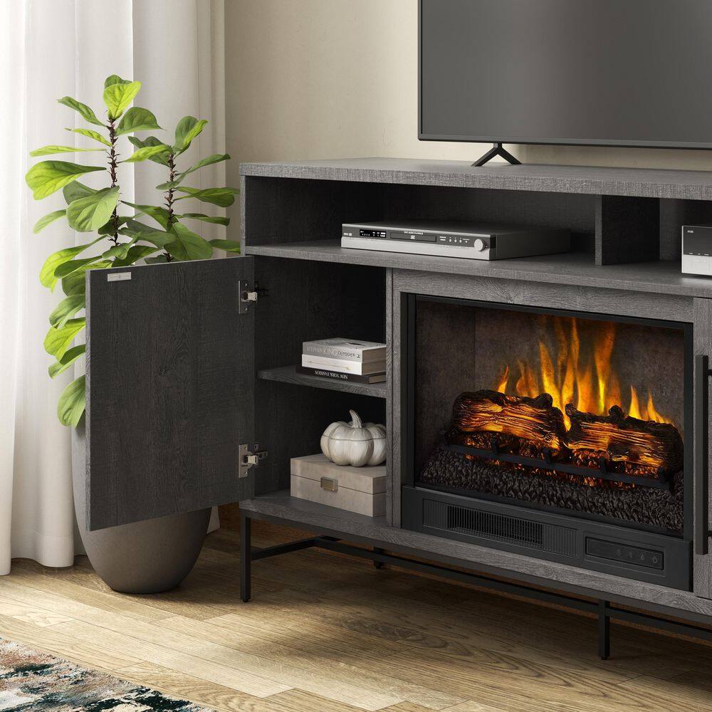 SCOTT LIVING KAPLAN 60 in. Freestanding Media Console Wooden Electric Fireplace in Gray Fawn Aged Oak HDSLFP60L-1A