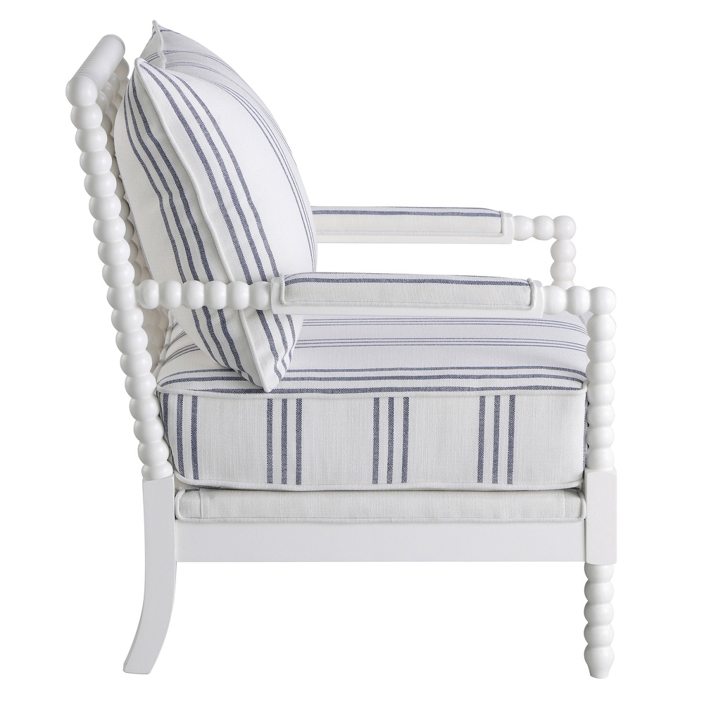 Fabric Upholstered Accent Chair with Spindle Accent in White and Navy