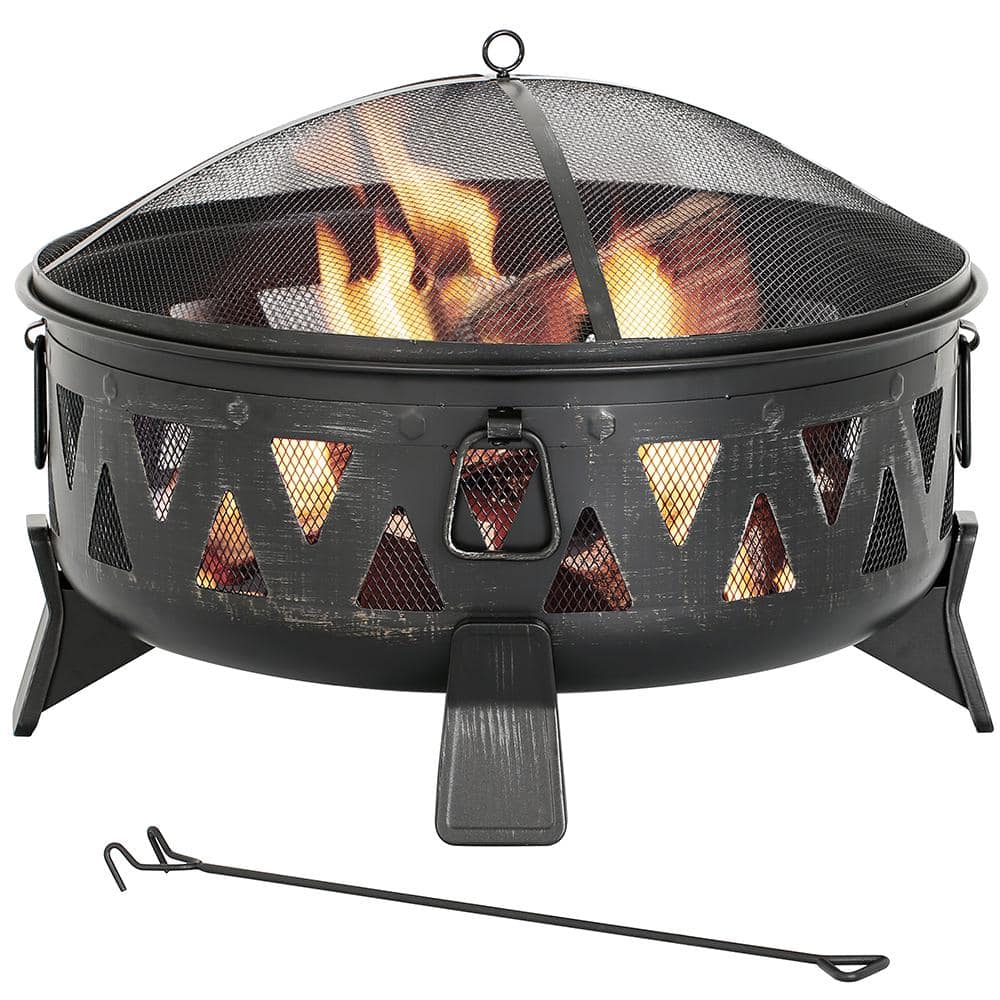 HeatMaxx 29.9 in. Outdoor Wood Burning Fire Pit Round Deep Bowl Fire Pit with Spark Screen Cover and Poker for Backyard Garden SRFP11354